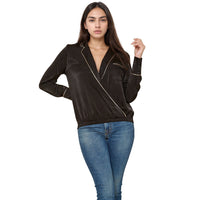 Pleione Women's V-neck Surplice Front Pajama Blouse in Black