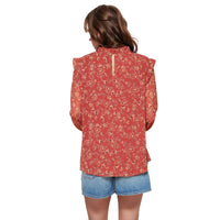 Pleione Long Sleeve Ruffle Blouse Top in Rust Floral