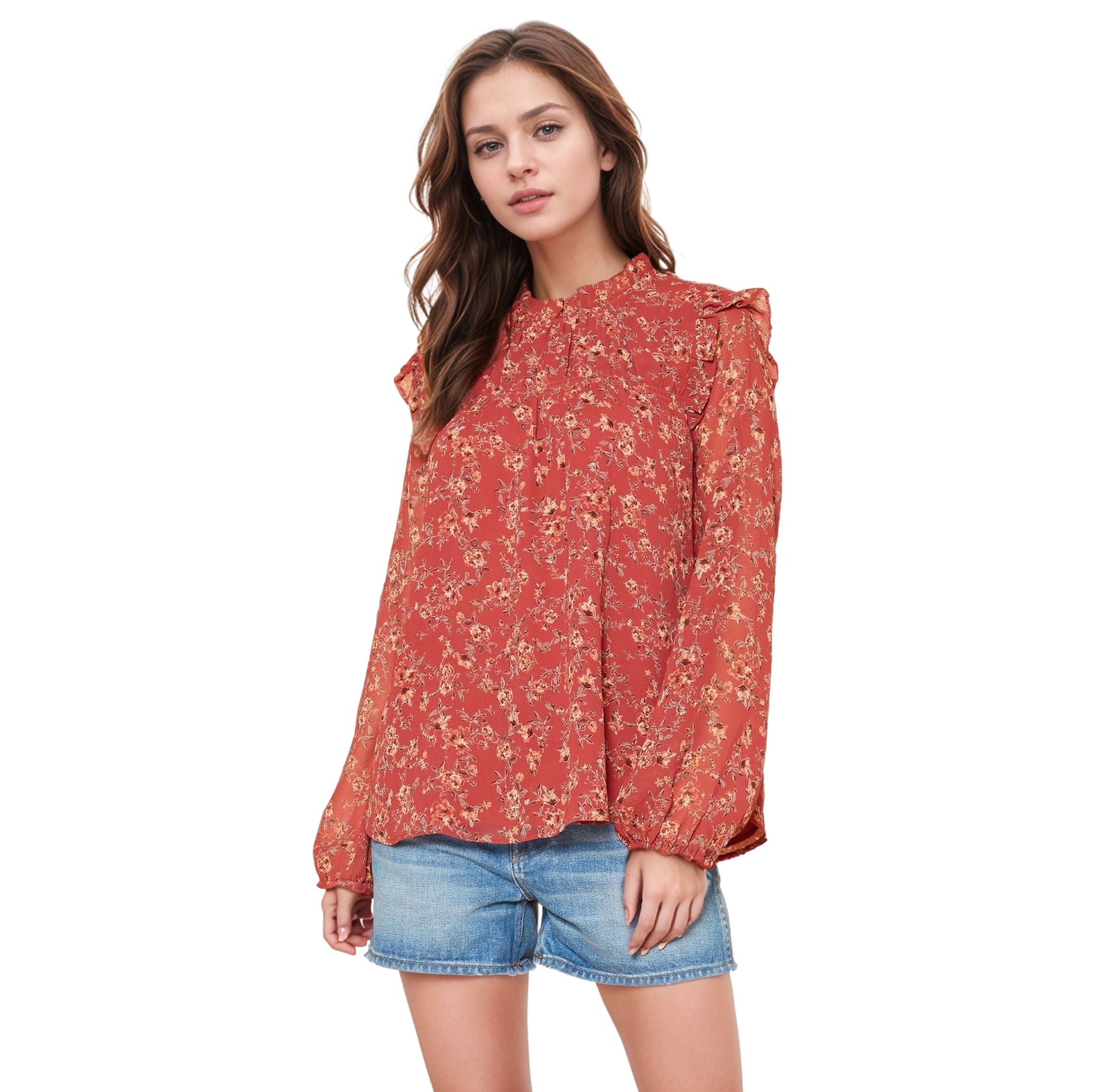 Pleione Long Sleeve Ruffle Blouse Top in Rust Floral