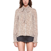 Pleione Women's Long Sleeve Tie Neck Blouse Top In Blush Leopard