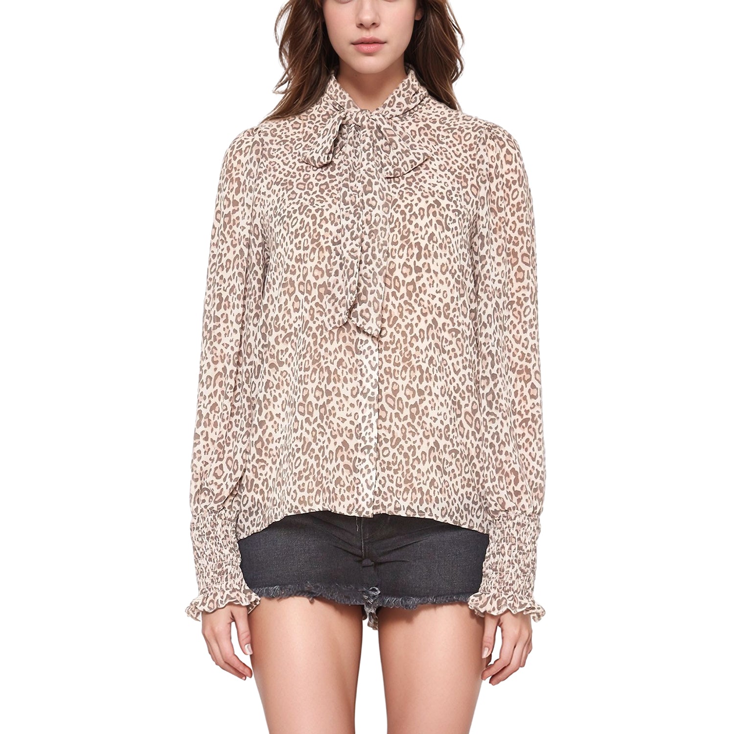 Pleione Women's Long Sleeve Tie Neck Blouse Top In Blush Leopard