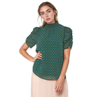 Pleione Women'Ruched Short Sleeve Smocked Mock Neck Top