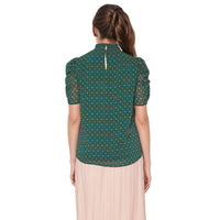 Pleione Women'Ruched Short Sleeve Smocked Mock Neck Top