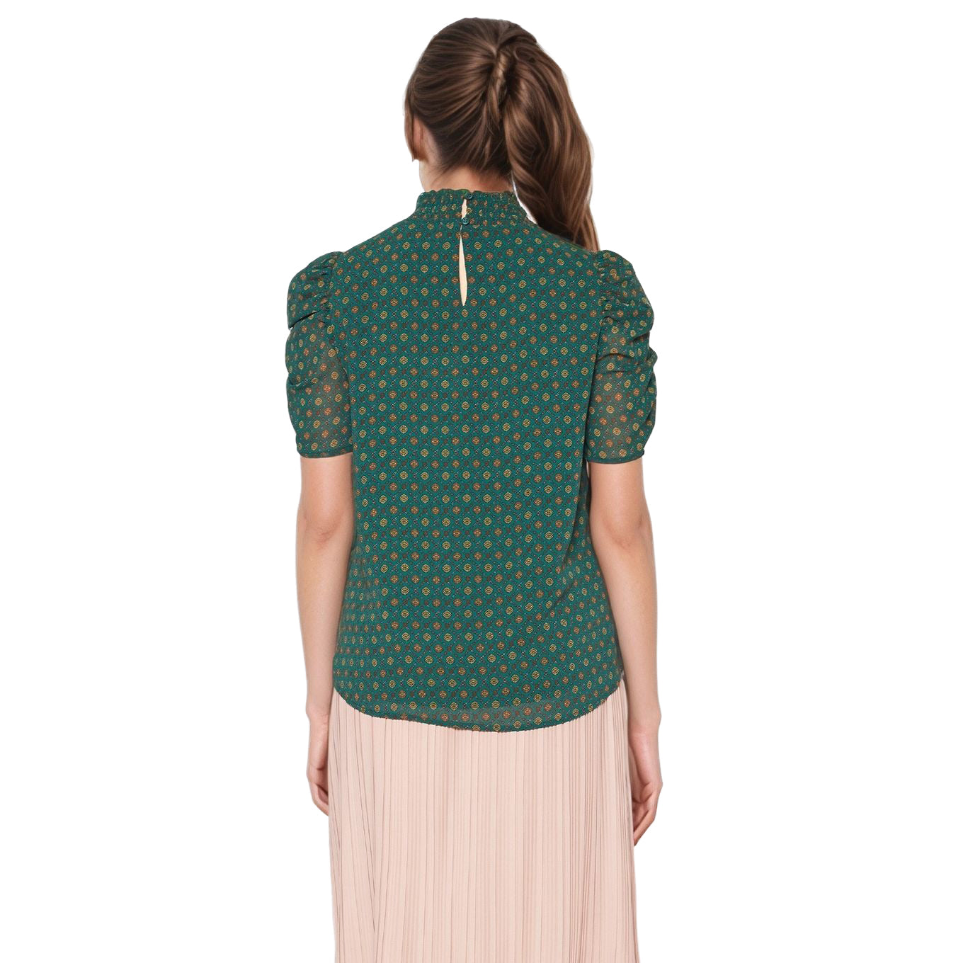 Pleione Women'Ruched Short Sleeve Smocked Mock Neck Top