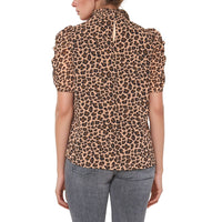 Pleione Women'Ruched Short Sleeve Smocked Mock Neck Top