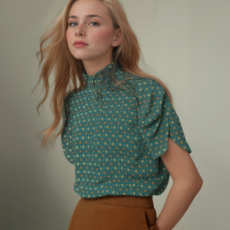 Pleione Women'Ruched Short Sleeve Smocked Mock Neck Top