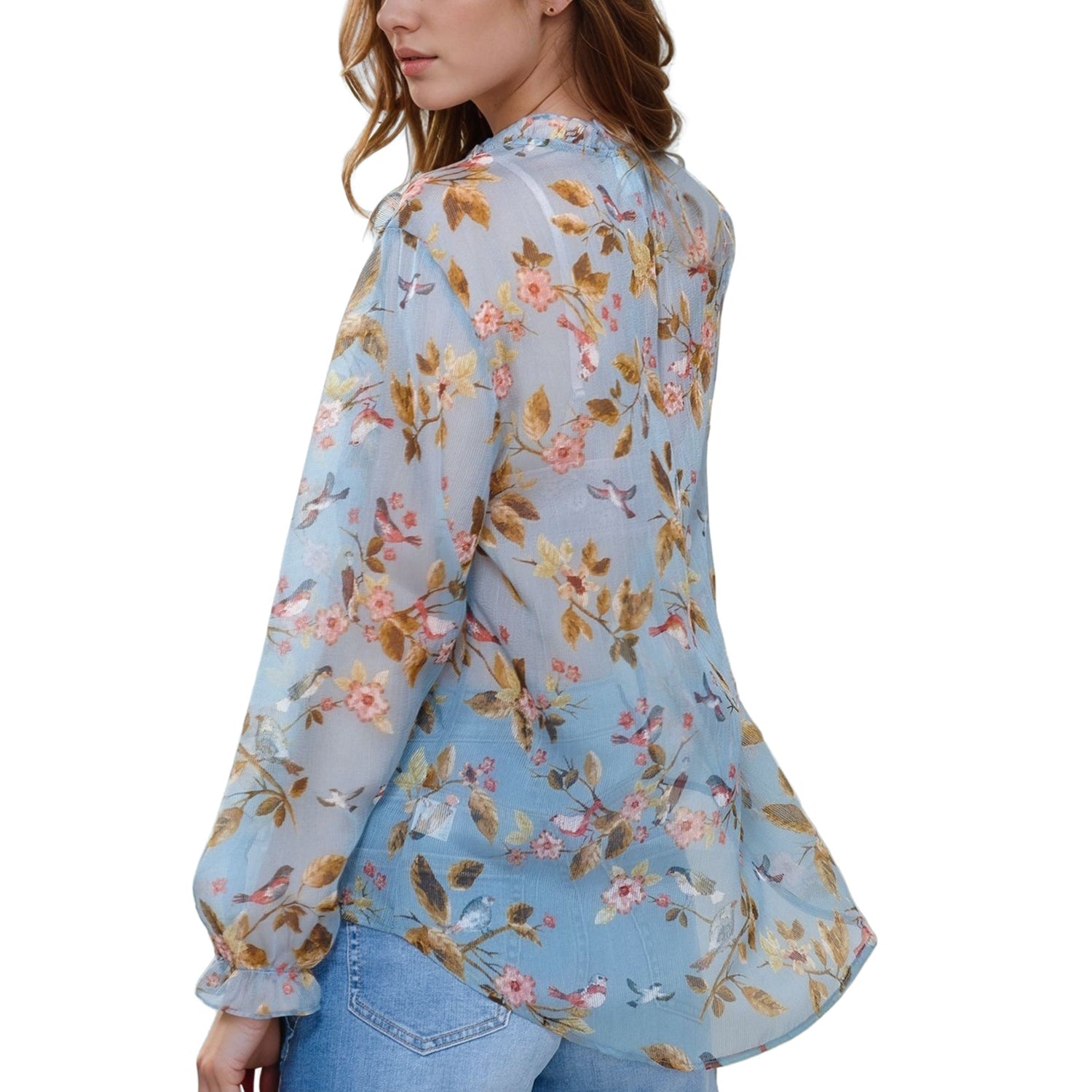 Pleione Ruffle Tie Neck Floral Blouse In Blue
