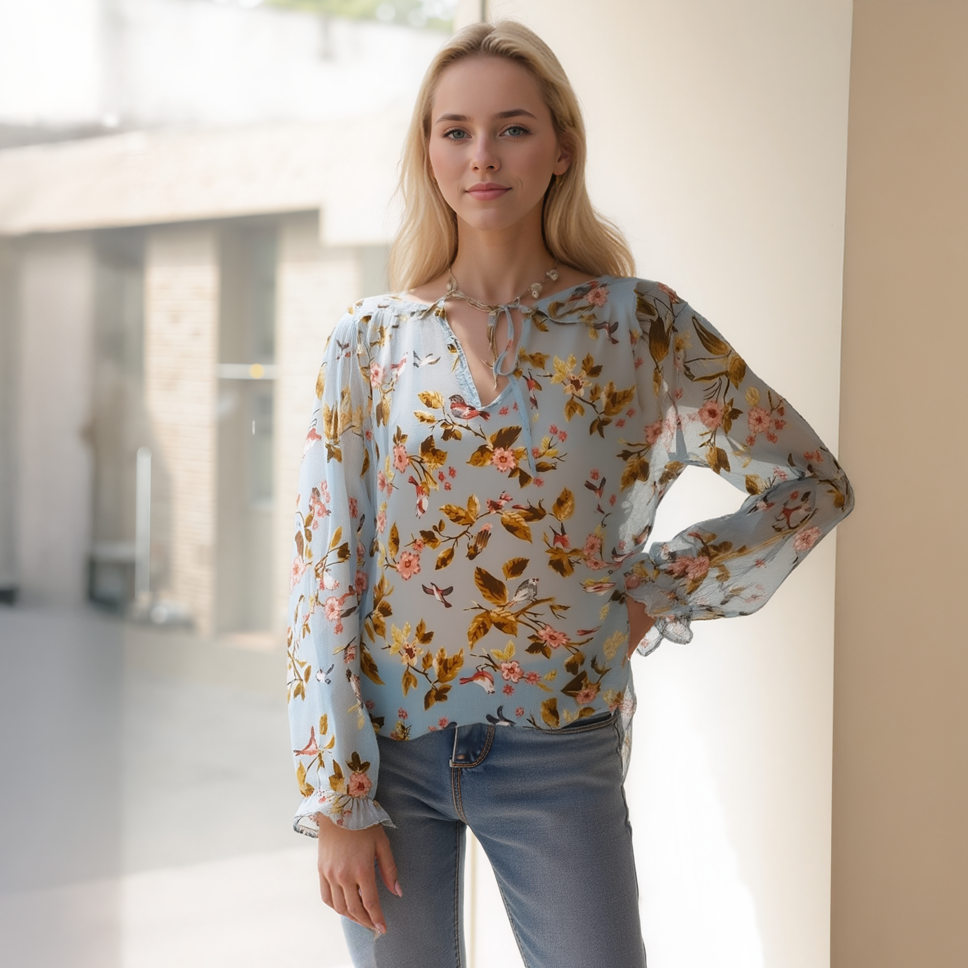 Woman wearing a floral blouse and jeans indoors