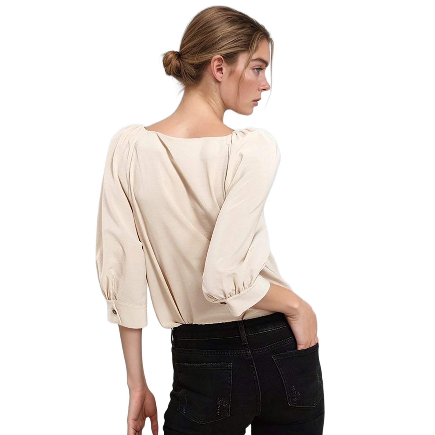 Pleione Puff Shoulder Button Down Blouse