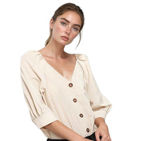 Pleione Puff Shoulder Button Down Blouse