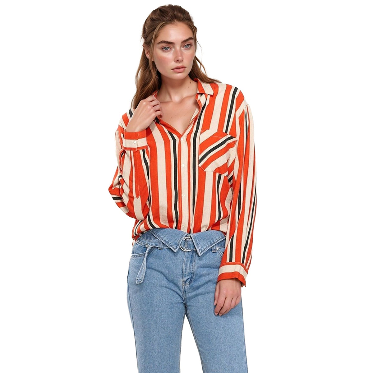 Pleione Women's Printed Linen Button Down Shirt