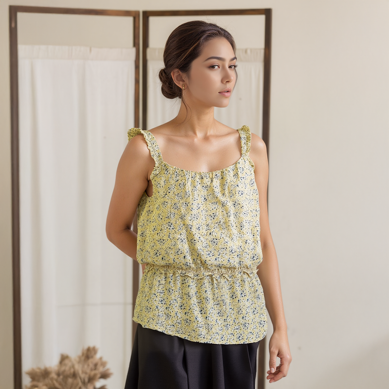 Pleione Ruffle Trim Floral Cami Blouse In Yellow