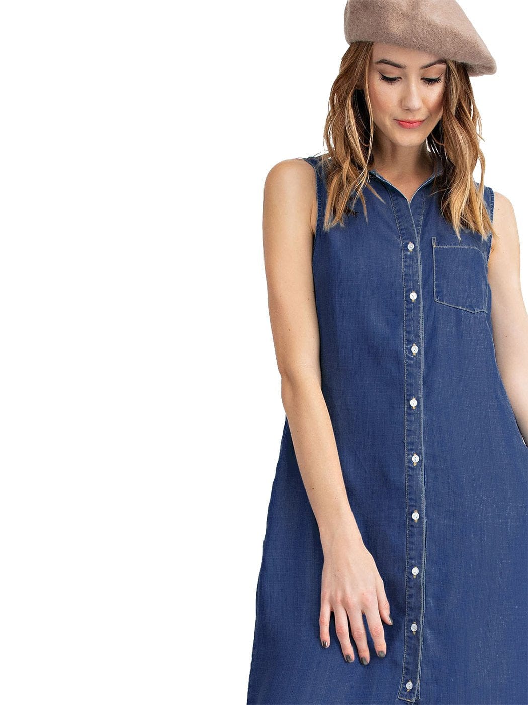 Front view of Classic Button-Down Collar Denim Shirt Dress