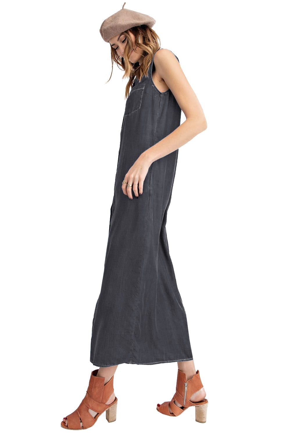 Side view of Classic Button-Down Collar Denim Shirt Dress