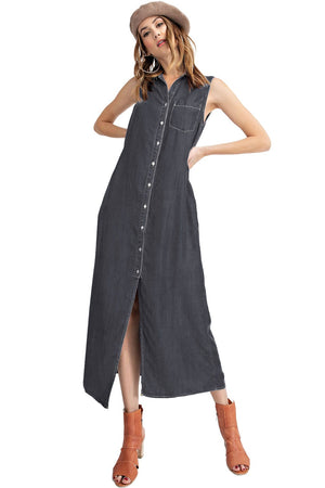 Black Classic Button-Down Collar Denim Shirt Dress