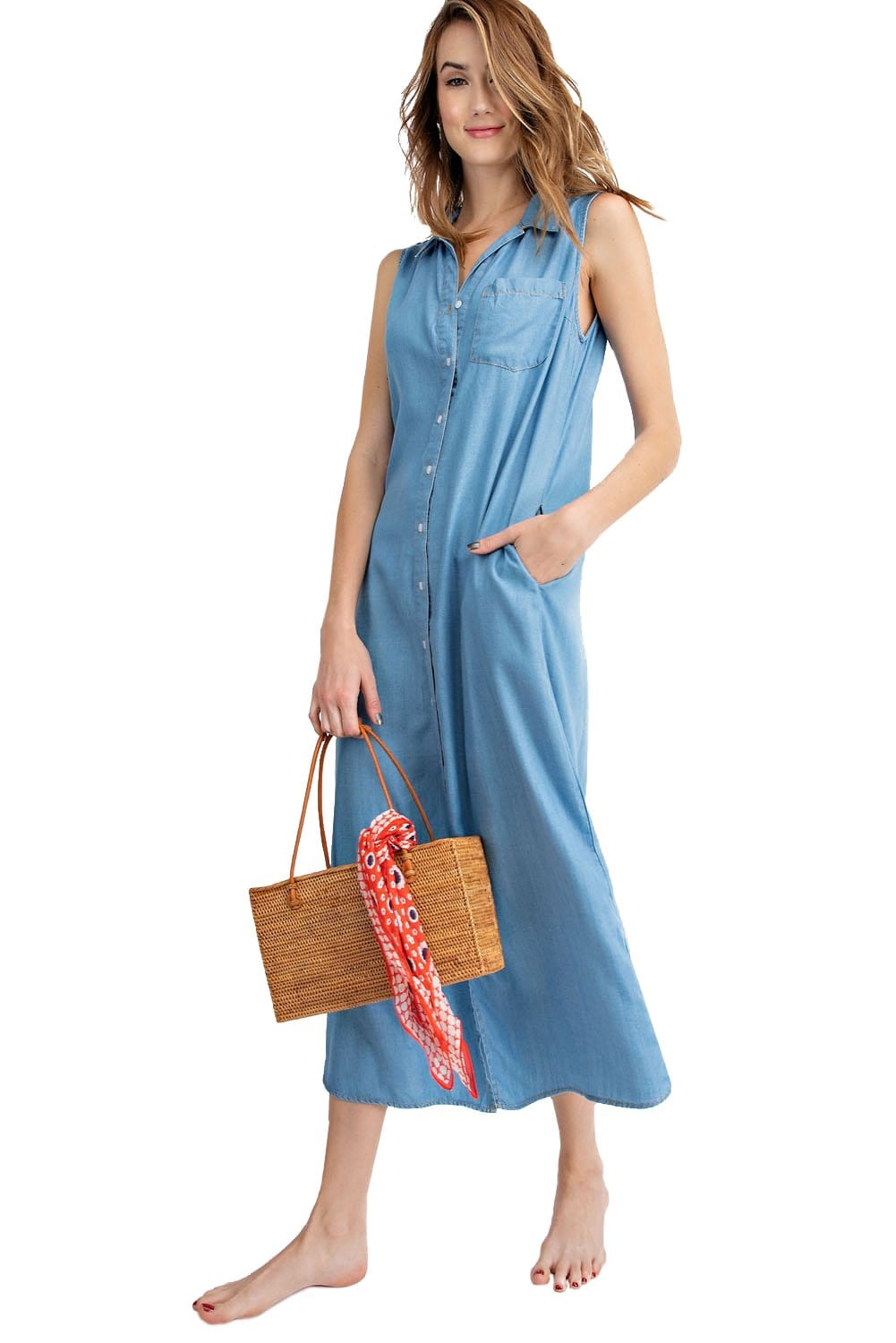Light blue Classic Button-Down Collar Denim Shirt Dress