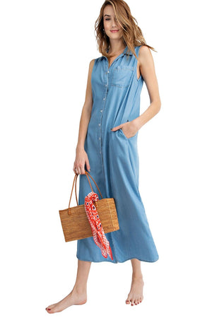 Light blue Classic Button-Down Collar Denim Shirt Dress