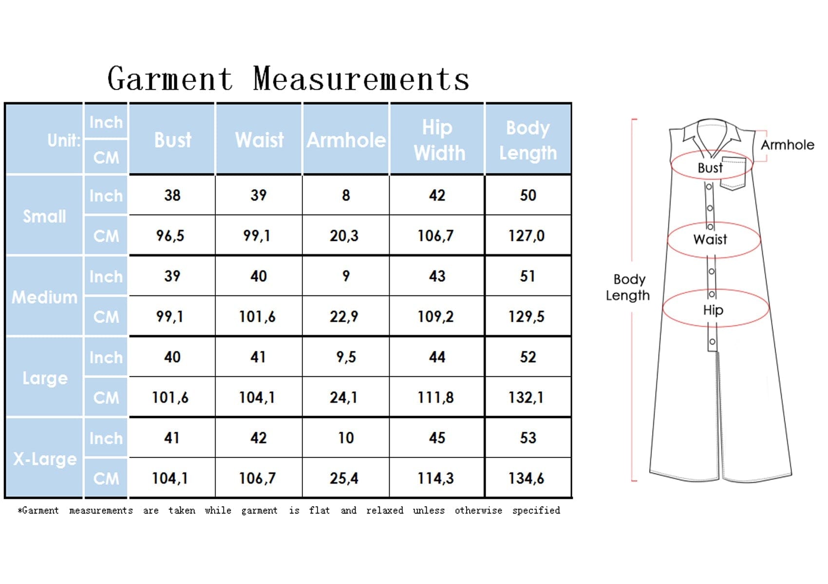Size chart for blue Classic Button-Down Collar Denim Shirt Dress
