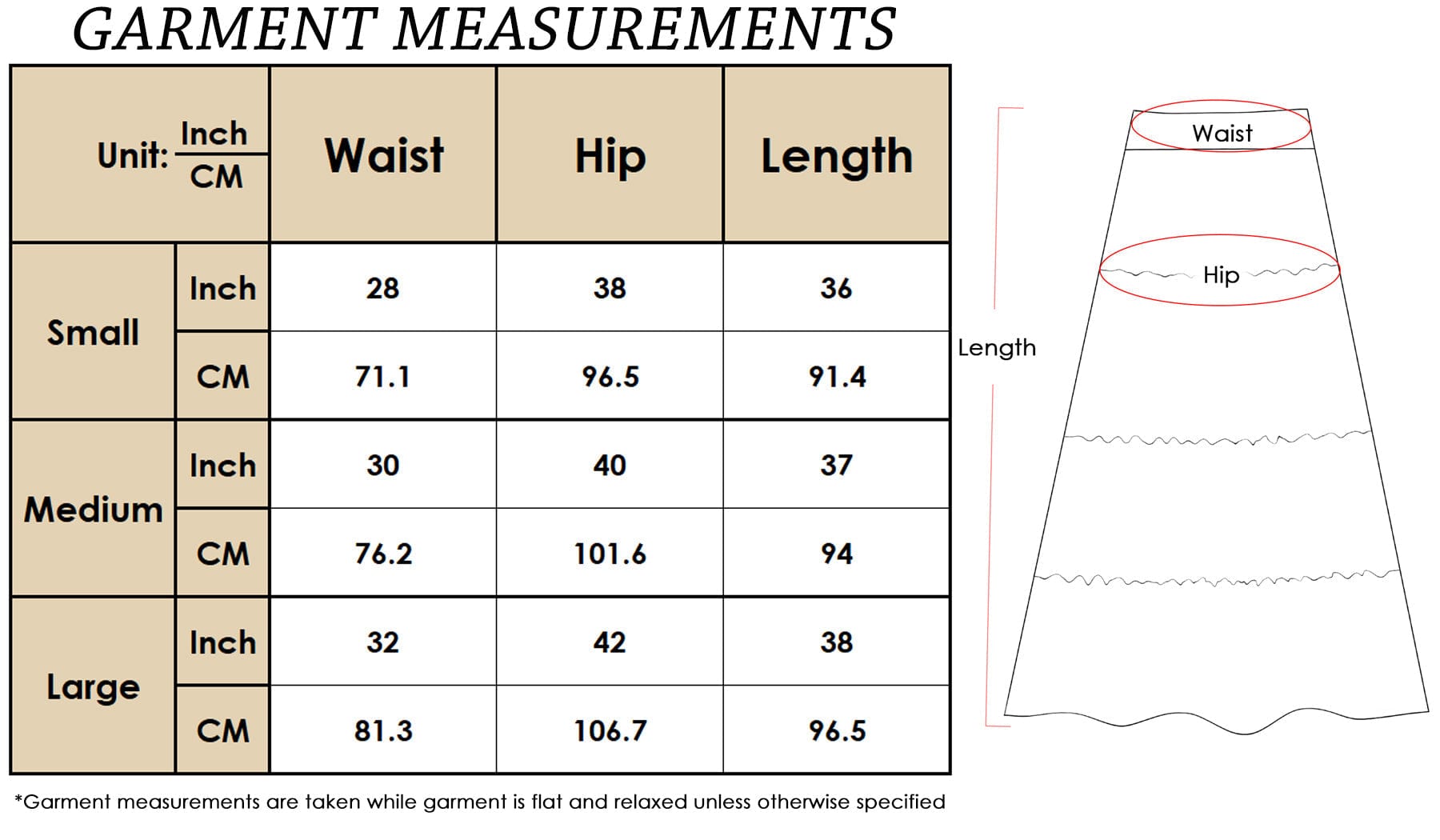 Size Chart for green Maxi Bohemian Layered Skirt