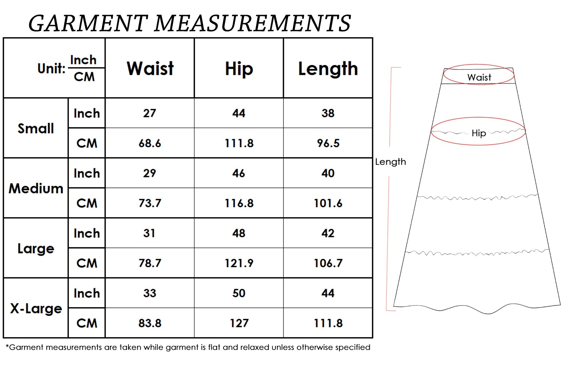 Size chart for Black Maxi Bohemian Layered Skirt