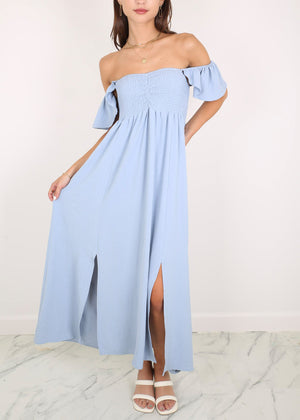 Cute Ruffled Cap Sleeve Maxi Slit Dress