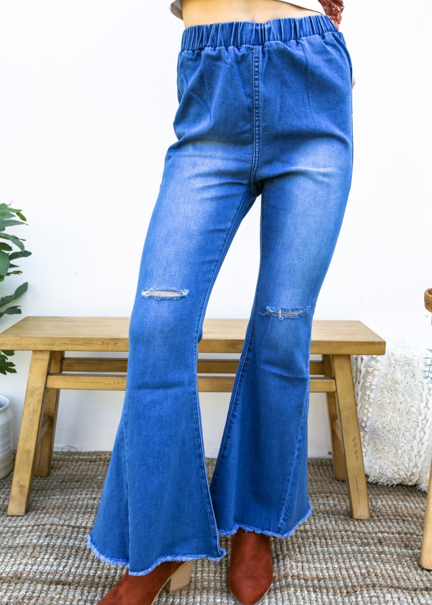 New Elastic Waist Distressed Flared Long Bell Bottom Denim Jeans
