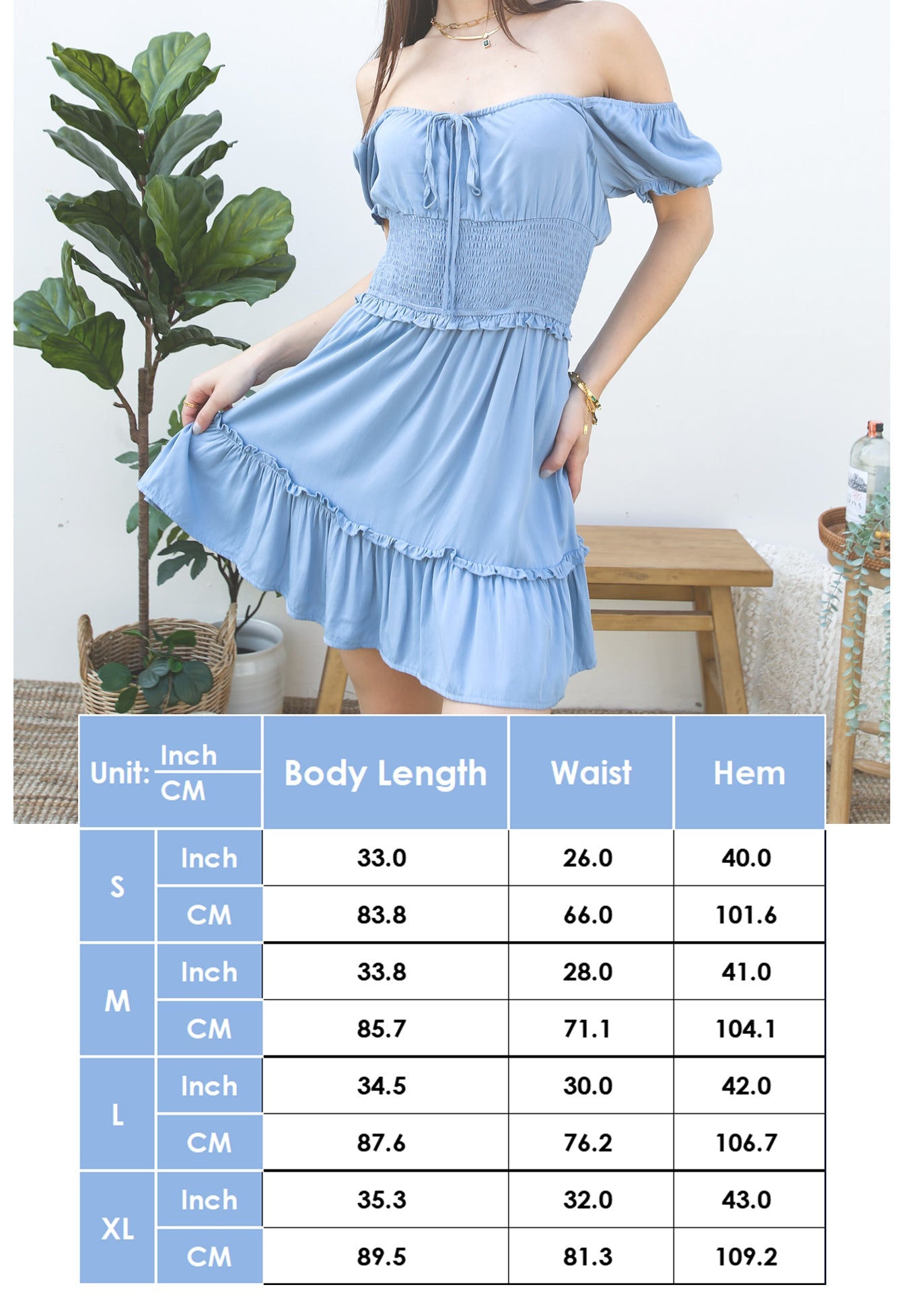 Size chart for blue Ruffle Sleeve Drawstring Square Neck Mini Dress