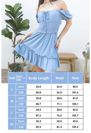 Size chart for blue Ruffle Sleeve Drawstring Square Neck Mini Dress