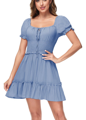 Blue Ruffle Sleeve Drawstring Square Neck Mini Dress