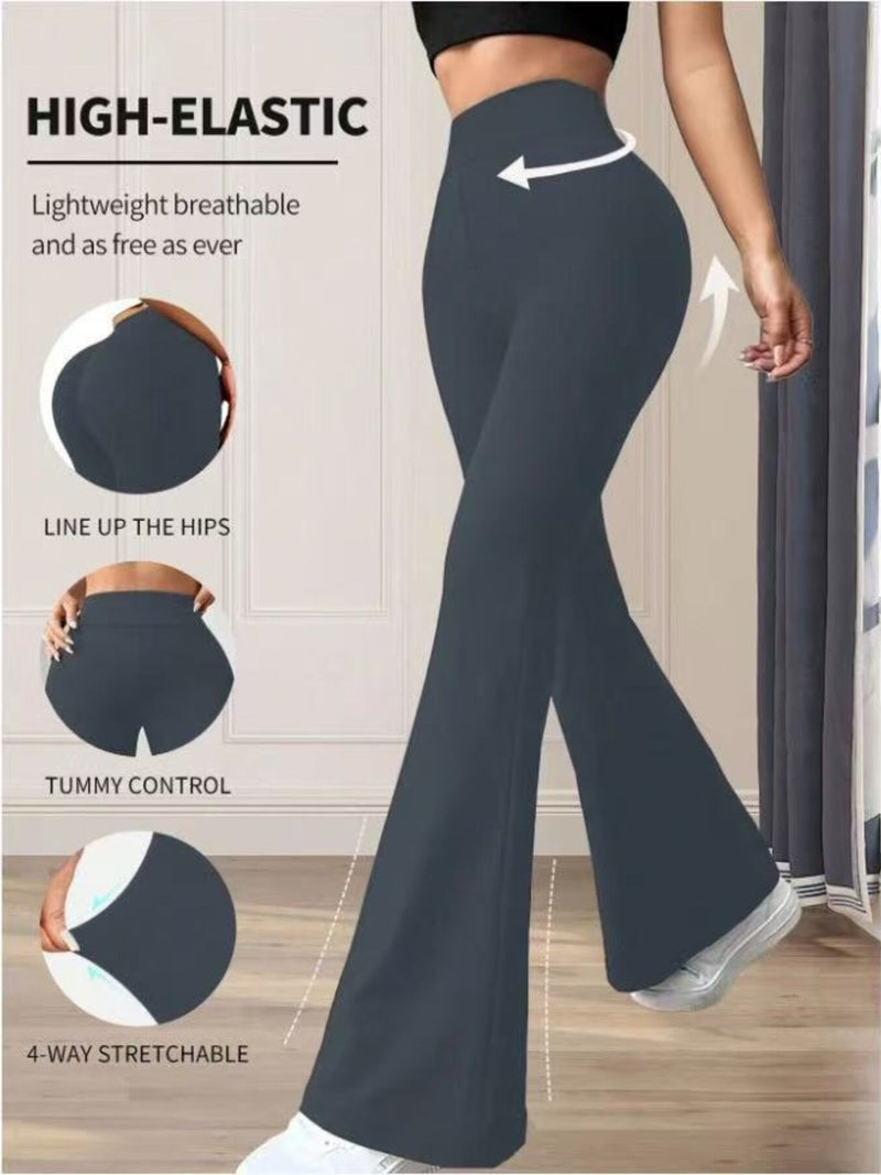 Dark blue leggings being worn by a person, with text highlighting features like high-elasticity and tummy control.