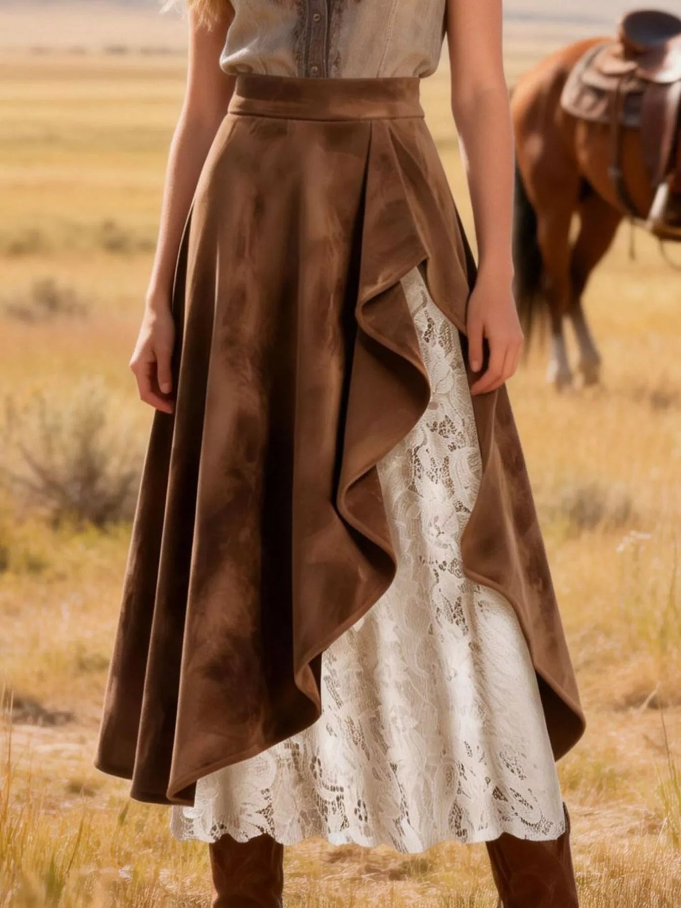 Person wearing a brown skirt with lace detailing in a desert setting with a horse in the background.