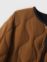 Left side view on brown Diamond-Quilted Lightweight Cropped Reversible Down Jacket