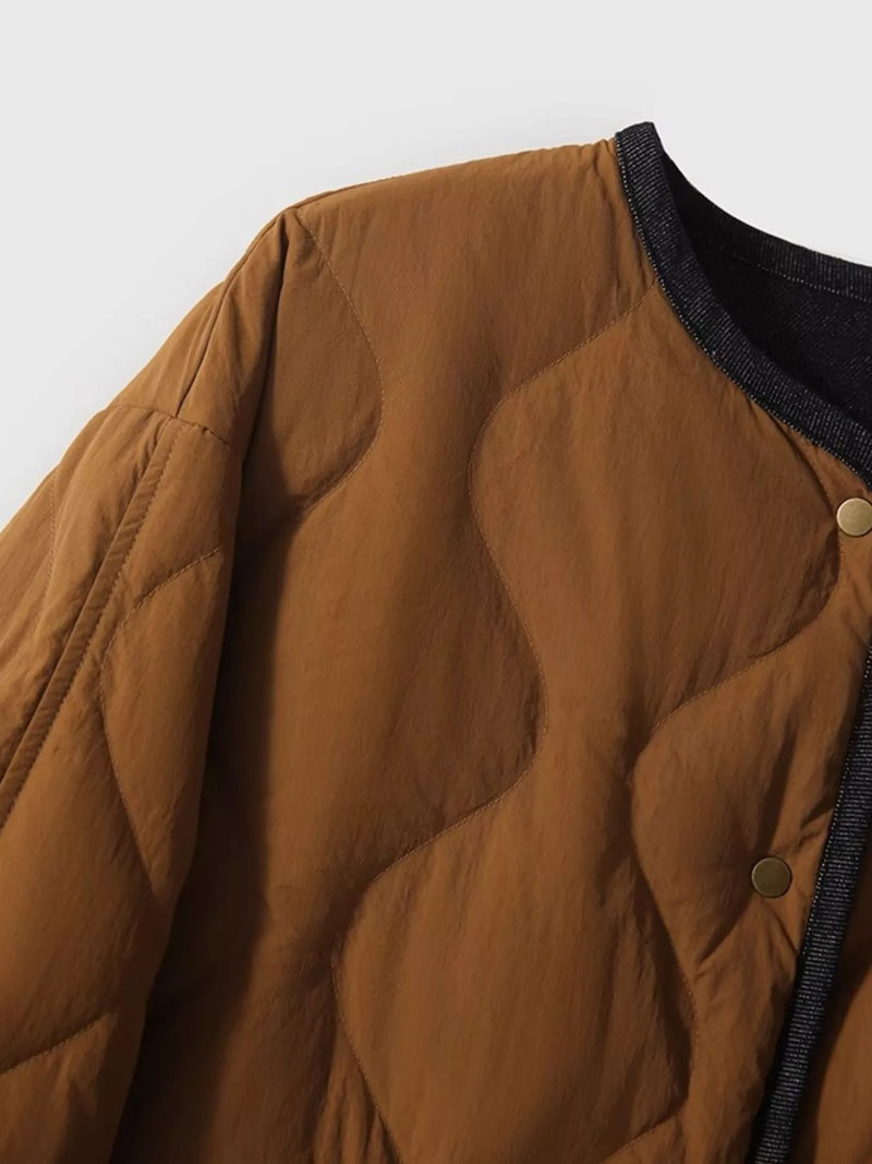 Left side view on brown Diamond-Quilted Lightweight Cropped Reversible Down Jacket