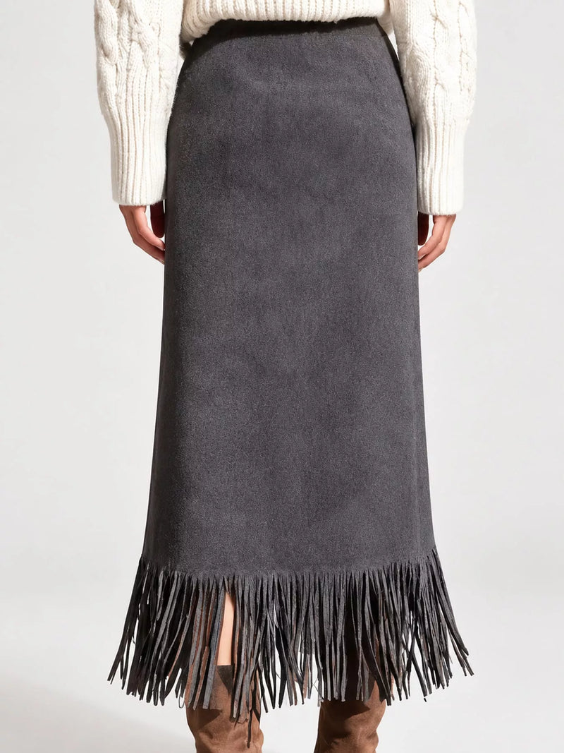 A back view of the gray High-Waisted Fringe Midi Skirt