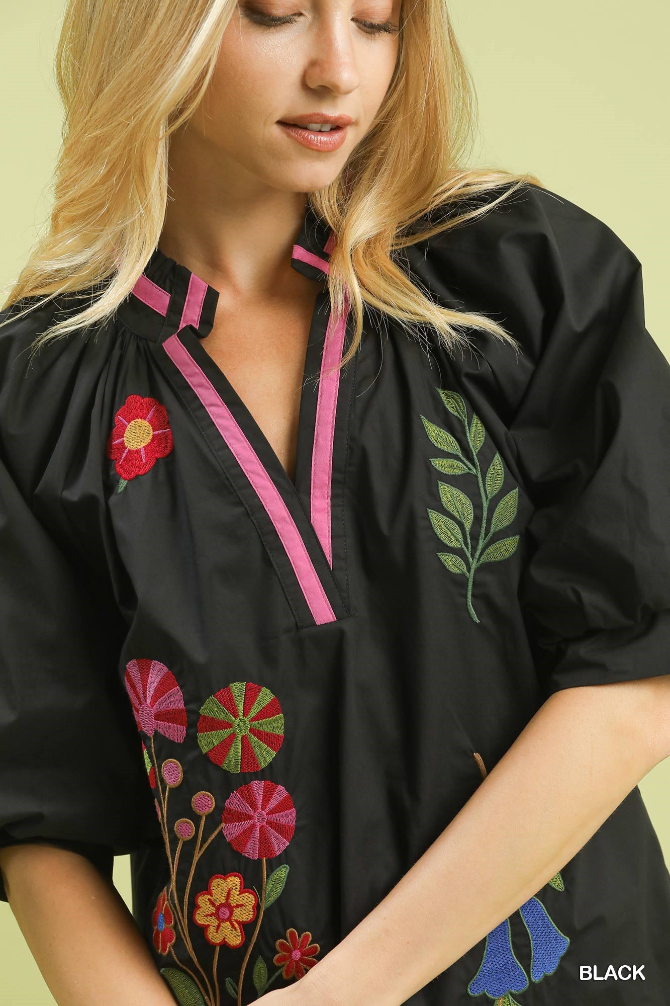 Woman wearing a black blouse with colorful floral embroidery on a light green background