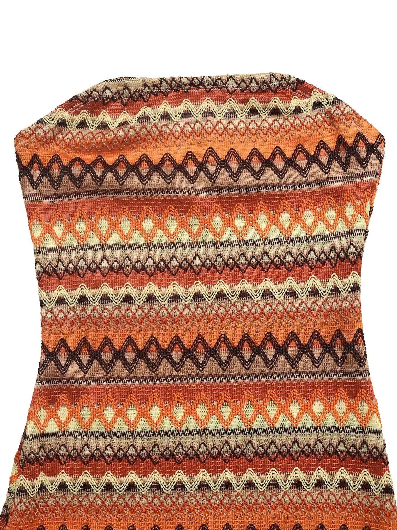 Striped strapless top with a pattern of orange, brown, and beige on a white background
