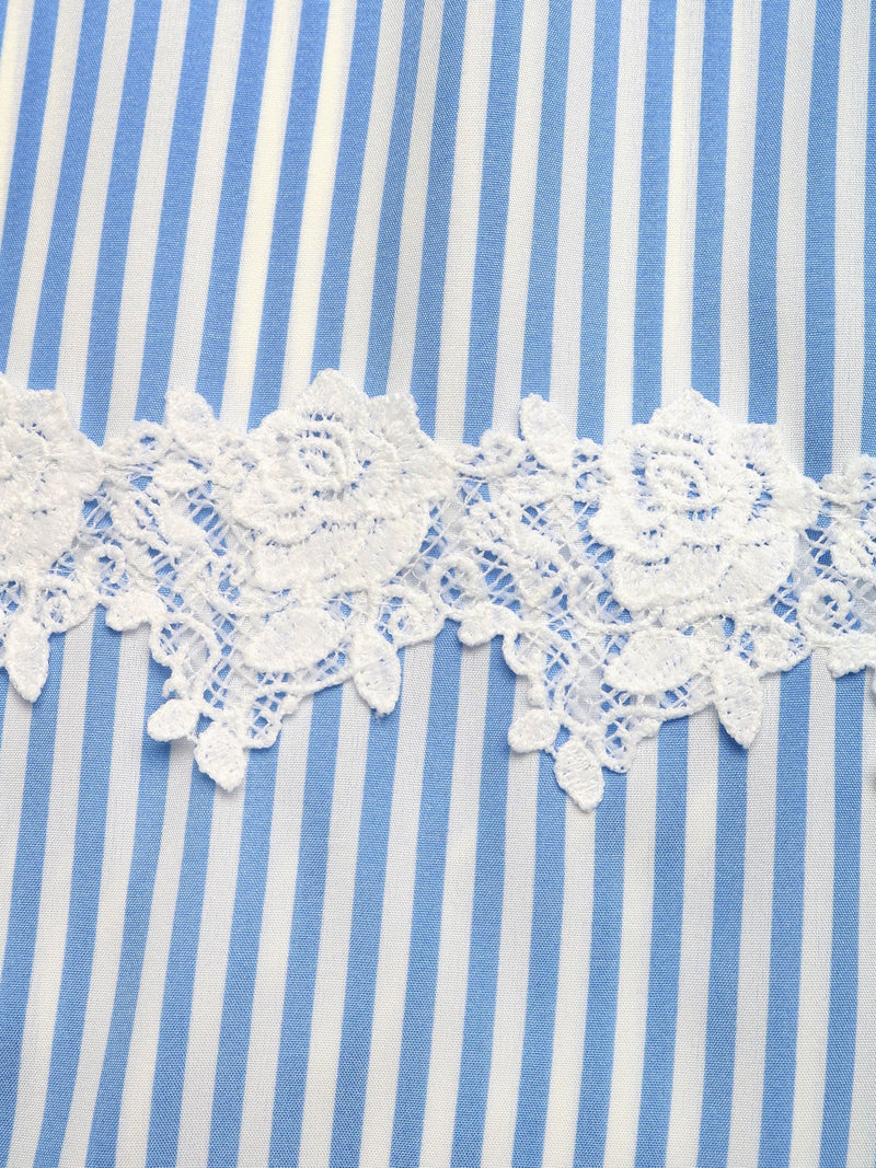 Close-up of blue and white striped fabric with lace trim