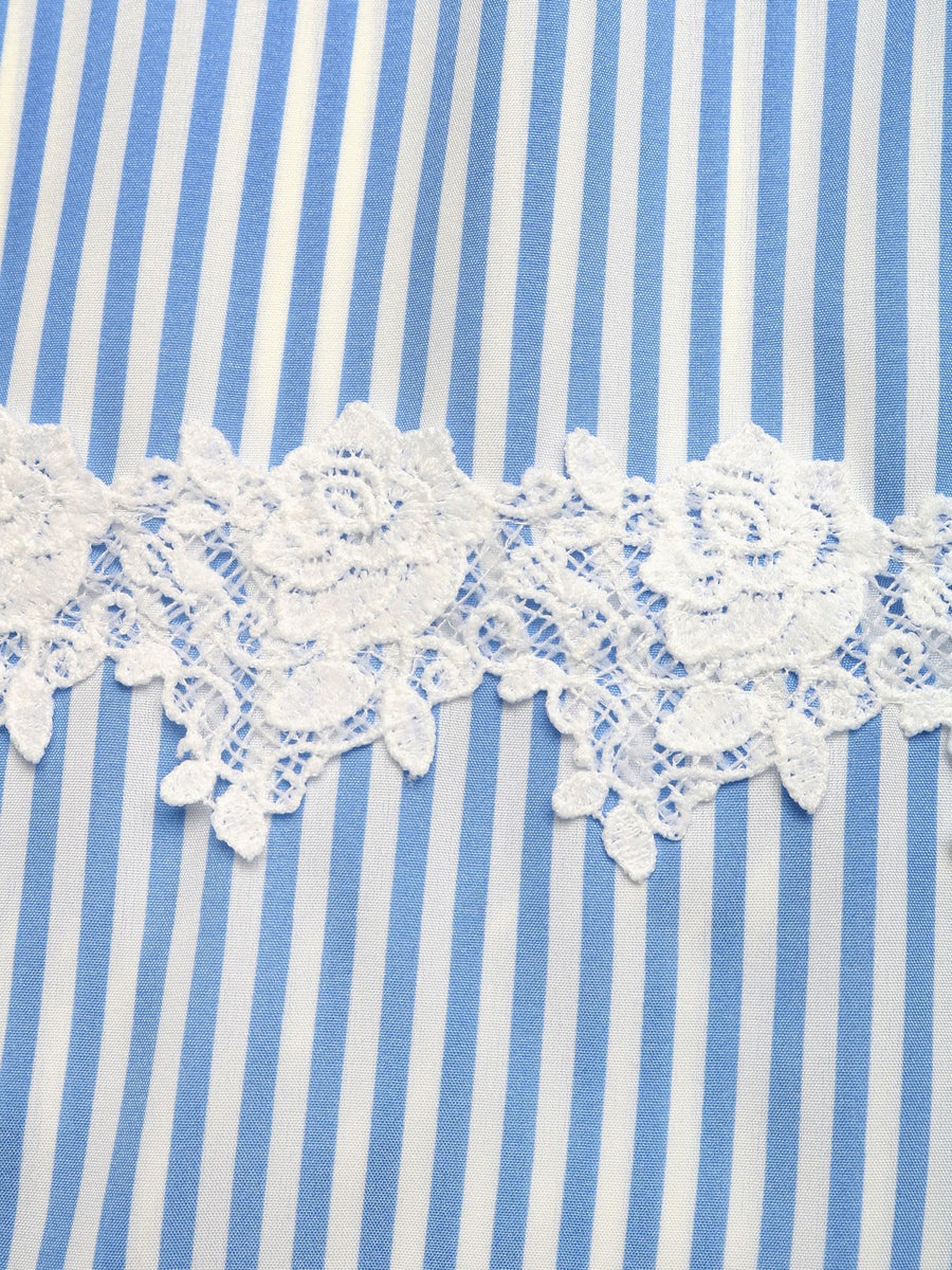 Close-up of blue and white striped fabric with lace trim