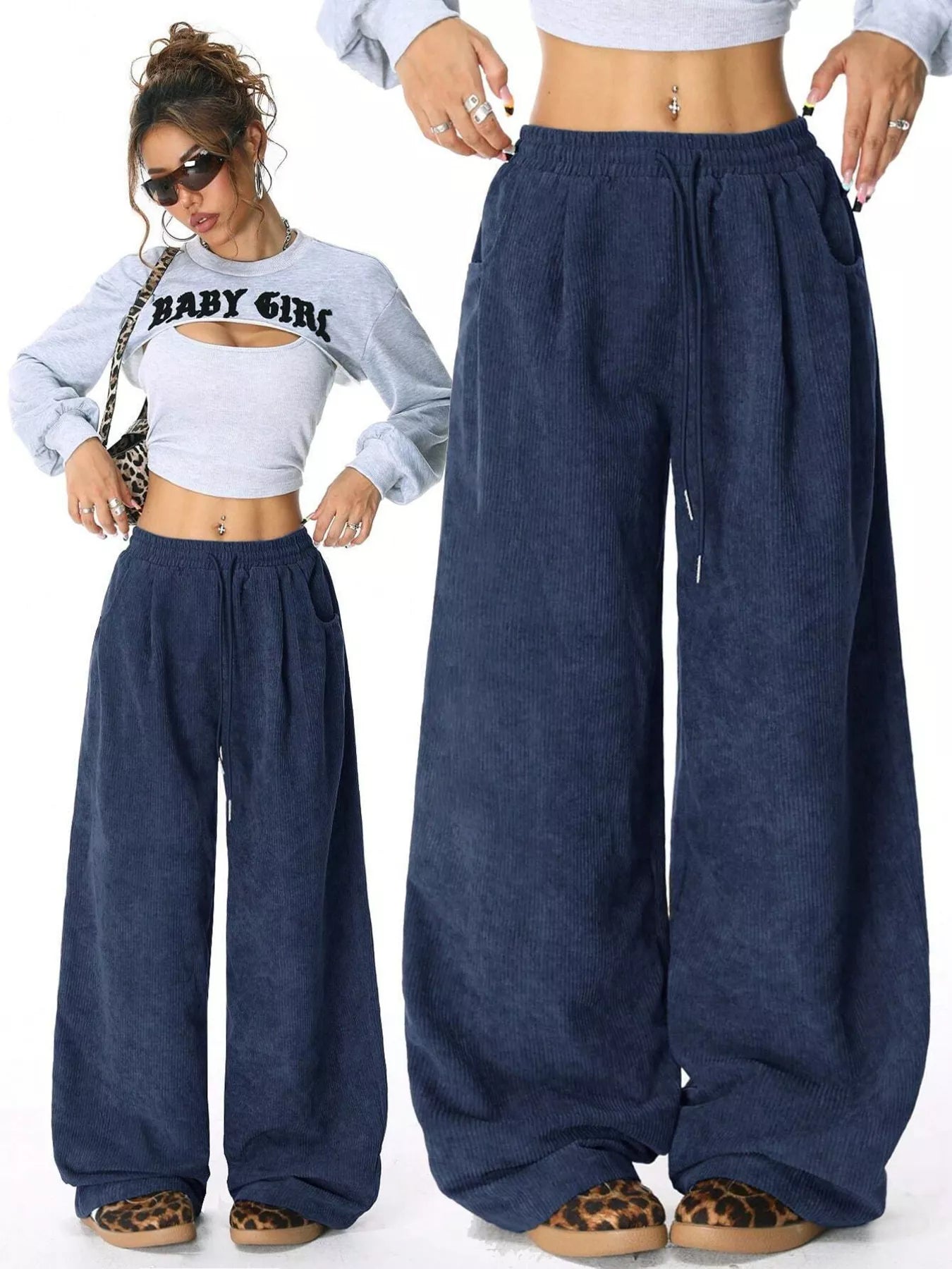Woman wearing blue wide-leg pants with a close-up of the pants on a white background.