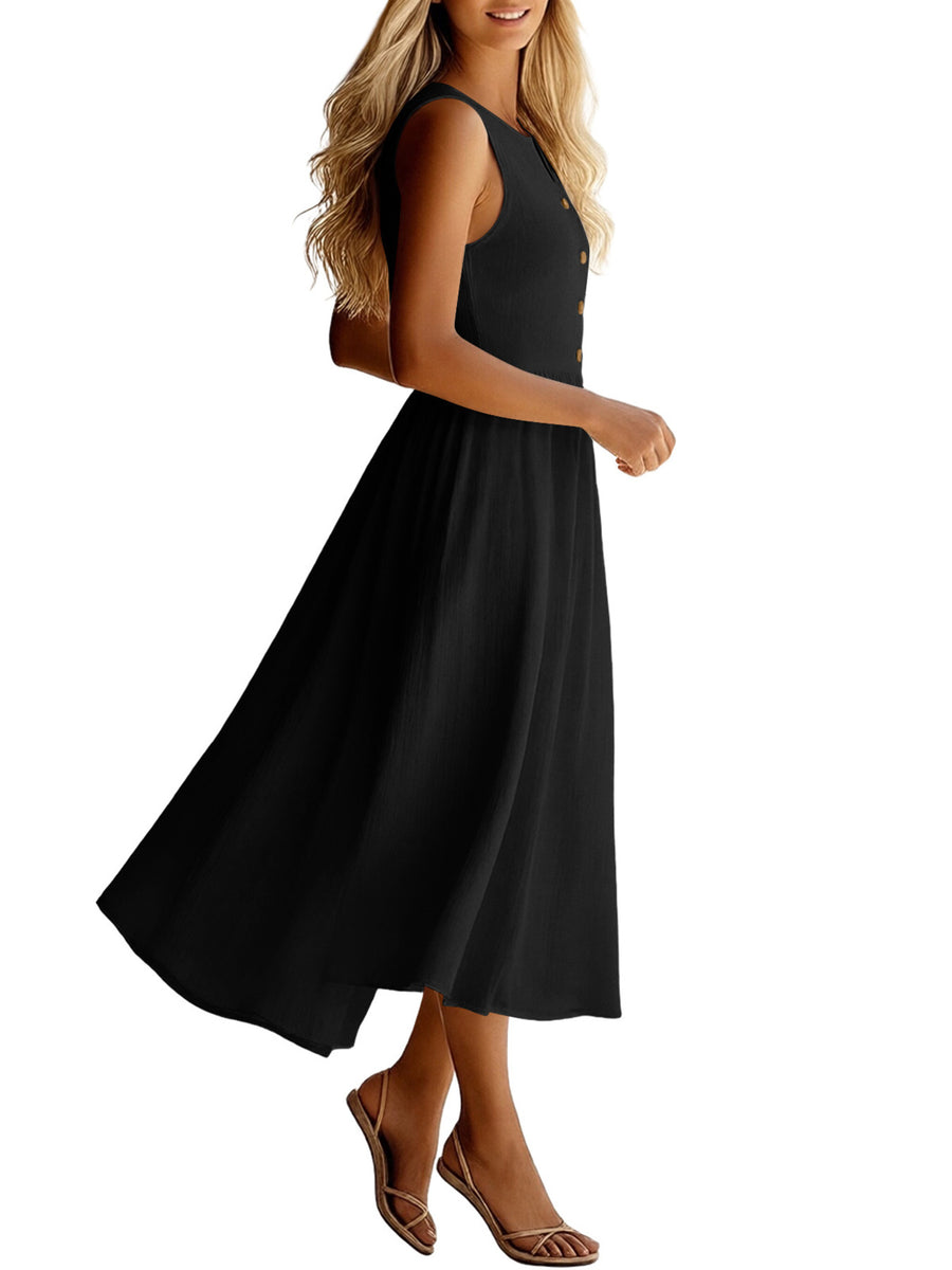 Woman wearing a black sleeveless dress on a white background