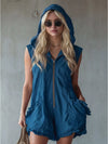 Ladies Full Size Hooded Sleeveless Zipper Romper with Ruffled Pockets Plus Size