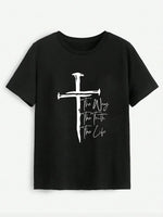 Black t-shirt with white cross and text design on a light gray background