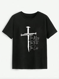 Black t-shirt with white cross and text design on a light gray background
