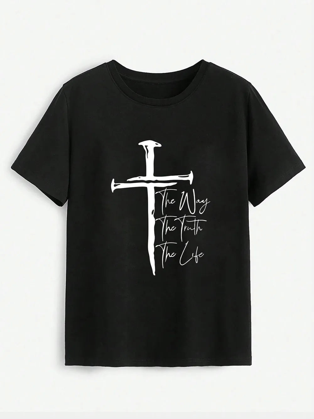 Black t-shirt with white cross and text design on a light gray background