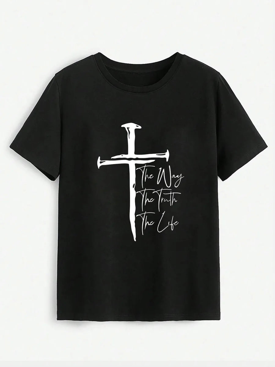 Black t-shirt with white cross and text design on a light gray background