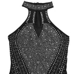 Black halter top with sparkling embellishments on a white background