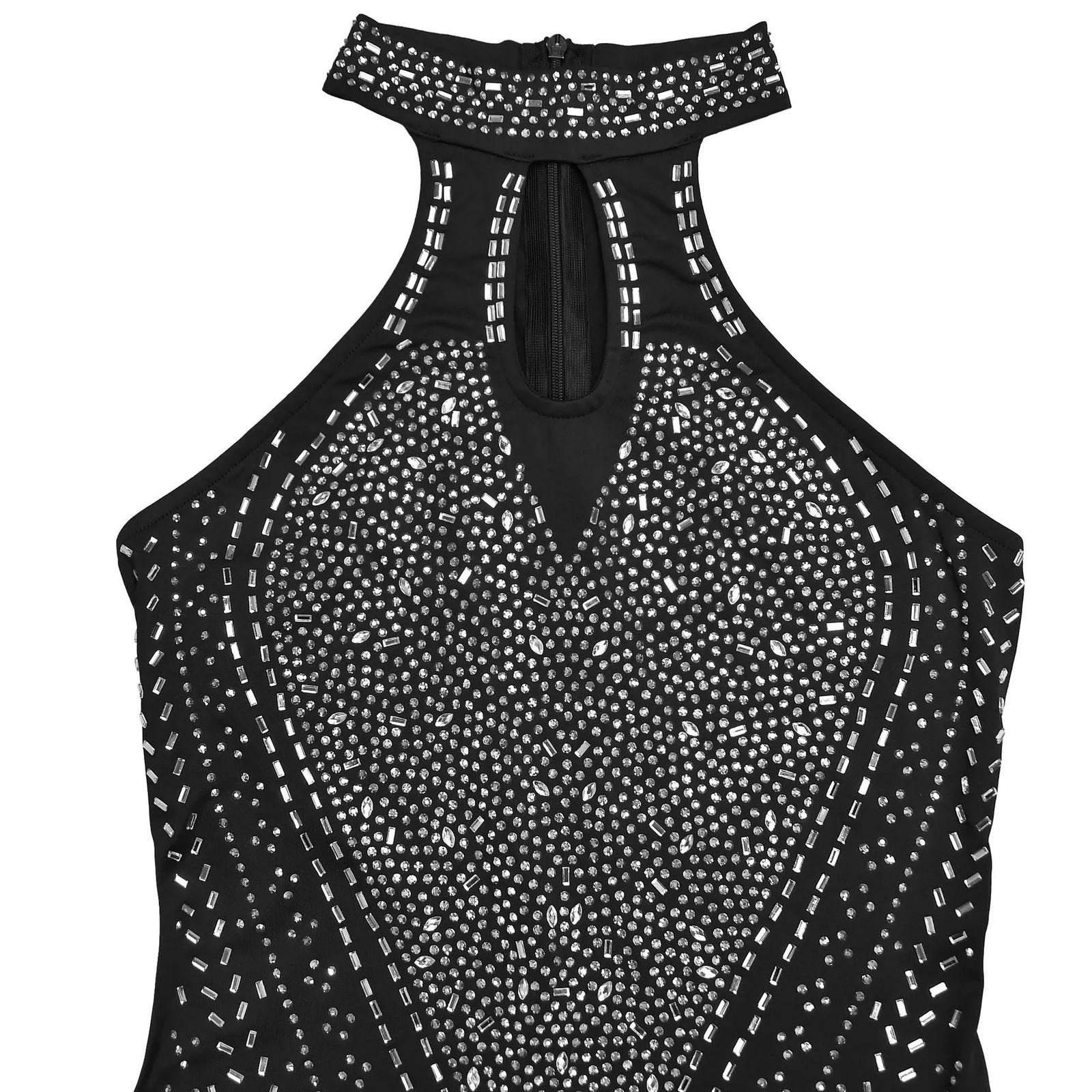 Black halter top with sparkling embellishments on a white background