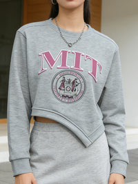 Person wearing a gray MIT sweatshirt with pink text and logo.