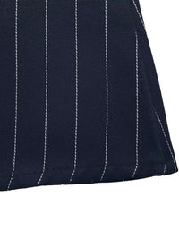 Close-up of a navy pinstripe fabric with white lines on a white background