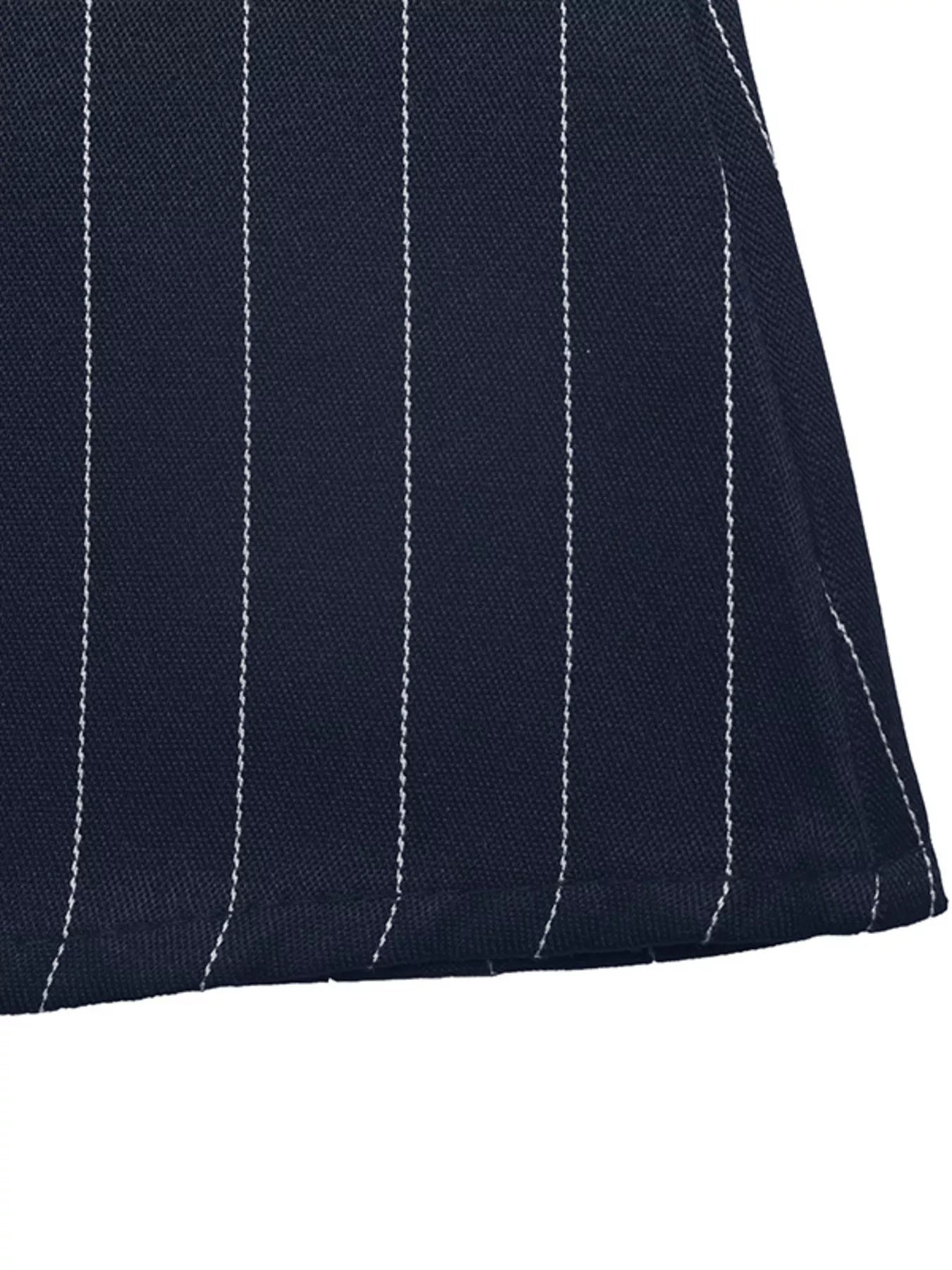 Close-up of a navy pinstripe fabric with white lines on a white background